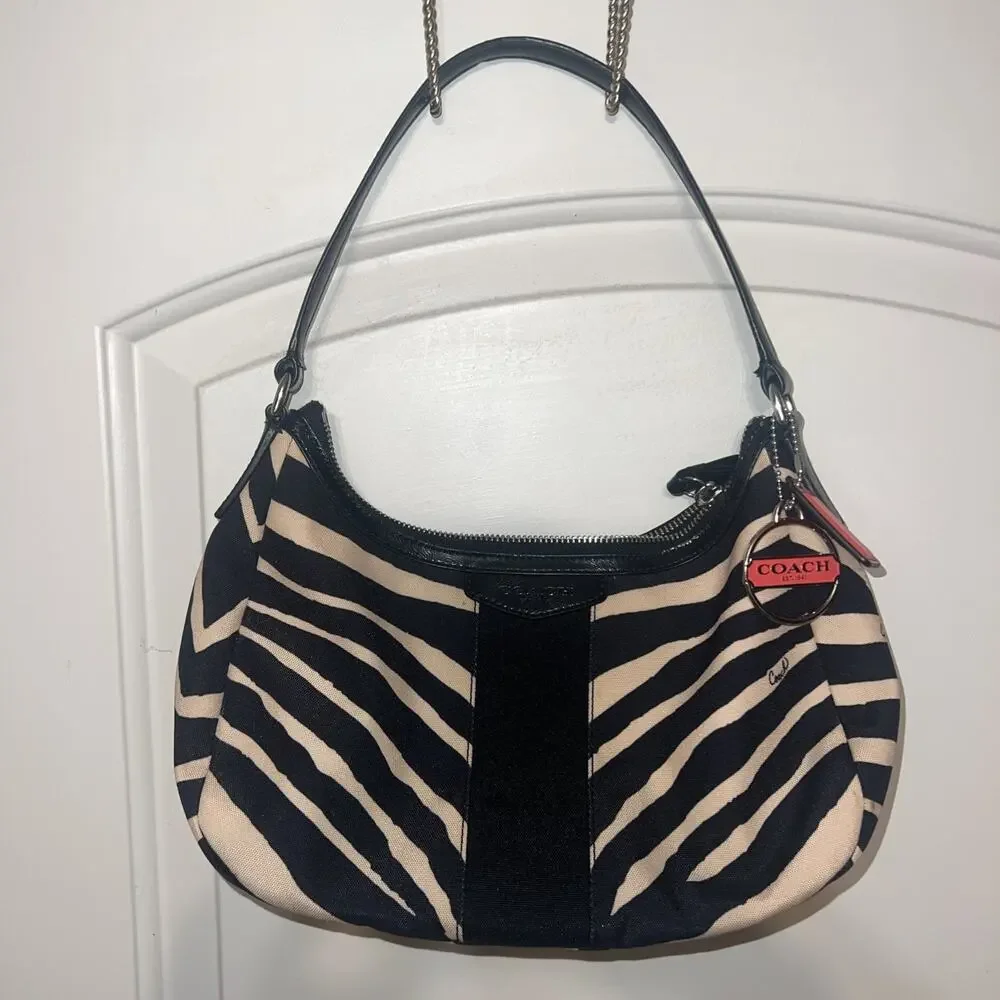 Coach Signature Zebra Stripe Black & Tan Canvas Shoulder Purse